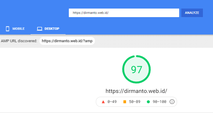 PageSpeed Insights score from desktop