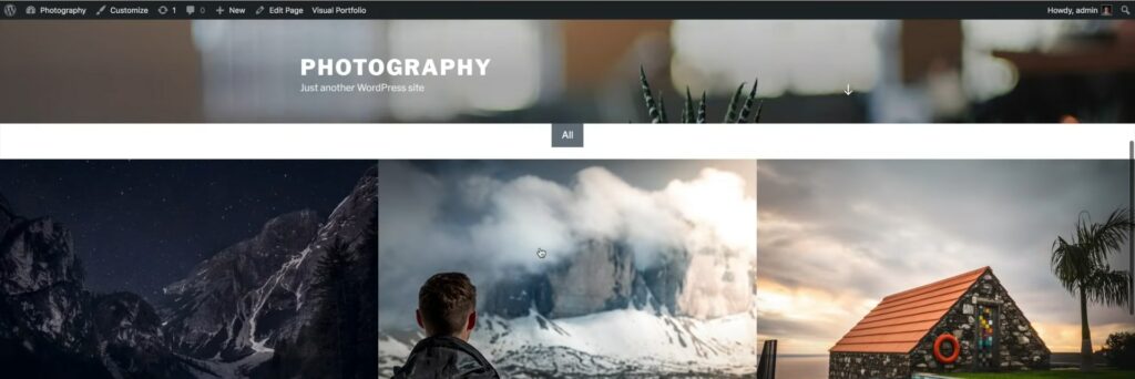 A full-screen preview of a finished homepage complete with photography portfolio