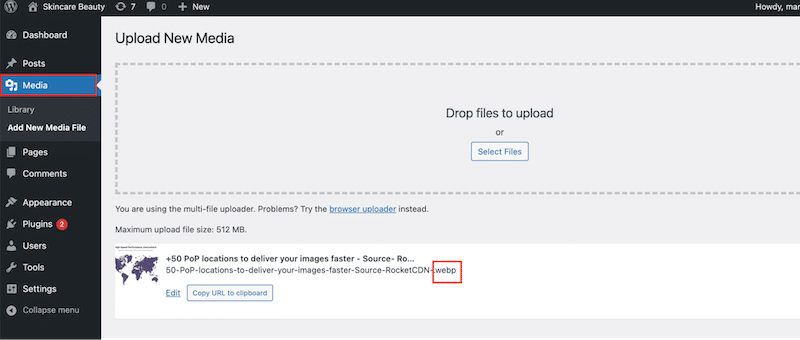 Updating my WebP file quickly to the WordPress library - Source: My WordPress admin