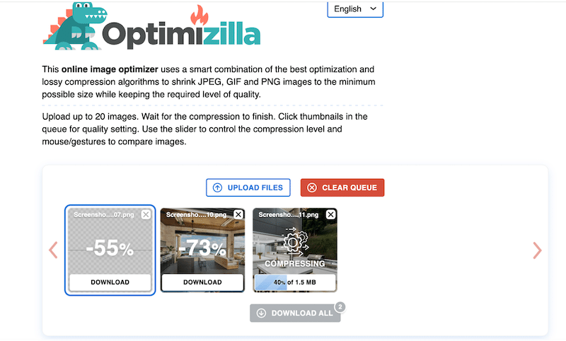 Bulk compressing images with an online image optimizer - Source: Optimizilla
