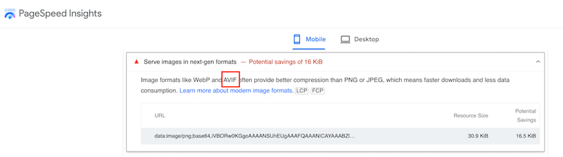 Google recommends to convert images to AVIF to improve performance - Source: PageSpeed Insights