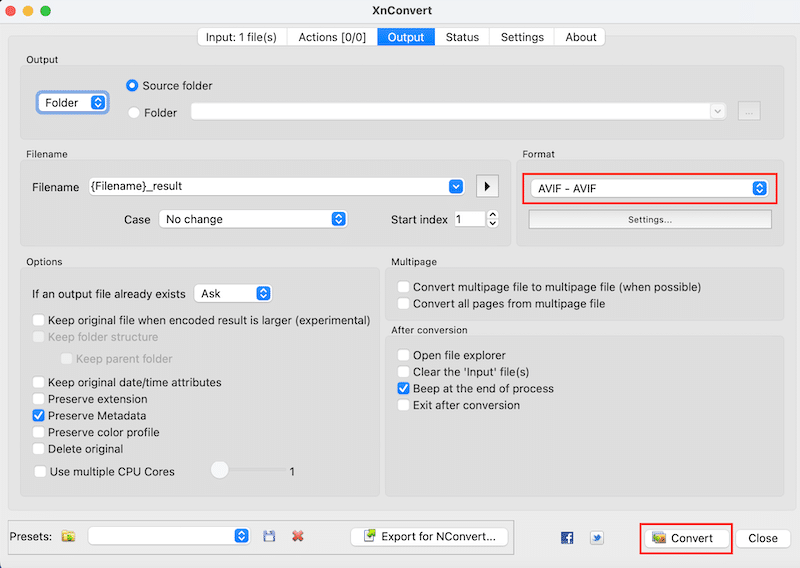 Select the output format (AVIF) and hit the Convert button - Source: XnConvert